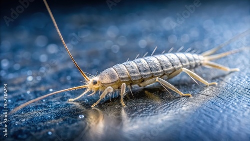 A silverfish insect with a soft, grayish-white body and long, slender antennae sits on a textured, bluish-gray surface in close-up.