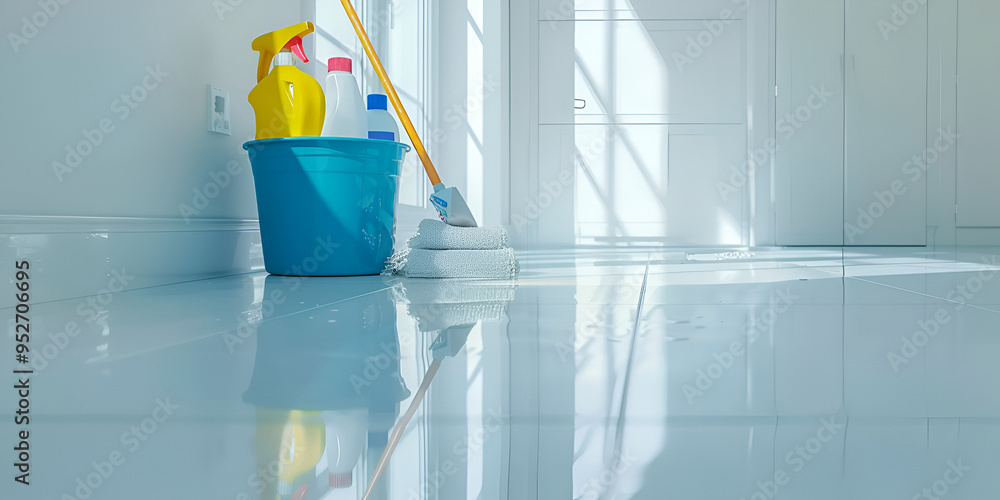 Modern Home Cleaning Essentials on Glossy Floor Modern Home Cleaning Essentials on Glossy Floor