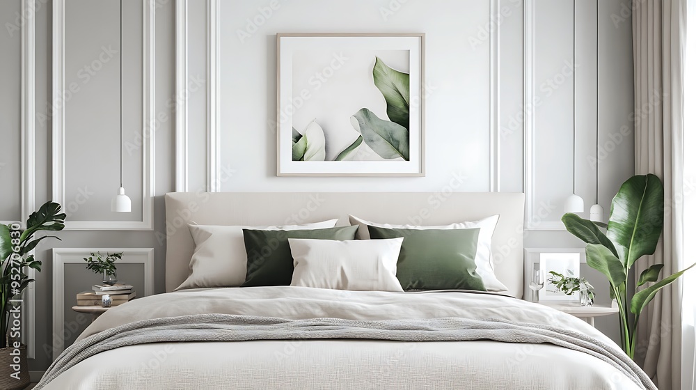 A white bedroom with a large bed, two nightstands with lamps and plants, and a framed print of leaves on the wall. A white bedroom with a large bed, two nightstands with lamps and plants, and a framed print of leaves on the wall.