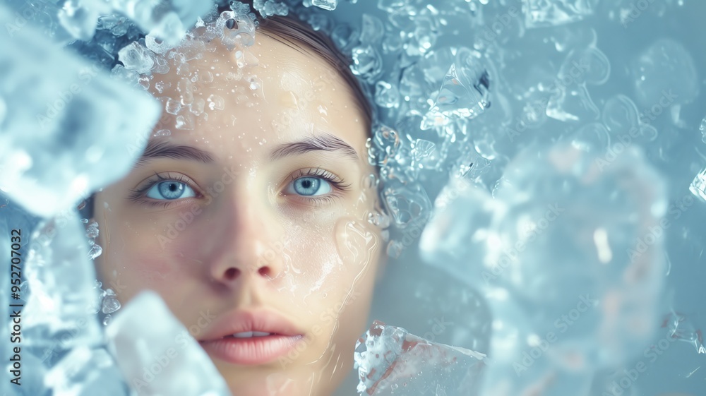 Woman undergoing cold therapy, submerged in a bathtub filled with ice and icy water. Concept of cold exposure for health benefits, resilience, and extreme wellness practices. Woman undergoing cold therapy, submerged in a bathtub filled with ice and icy water. Concept of cold exposure for health benefits, resilience, and extreme wellness practices.