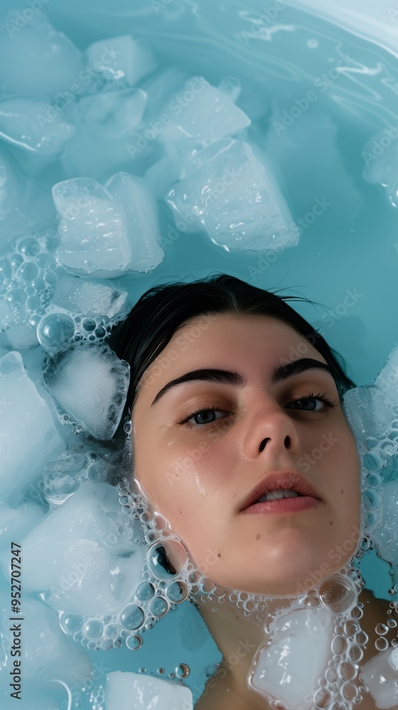 Woman undergoing cold therapy, submerged in a bathtub filled with ice and icy water. Concept of cold exposure for health benefits, resilience, and extreme wellness practices. Woman undergoing cold therapy, submerged in a bathtub filled with ice and icy water. Concept of cold exposure for health benefits, resilience, and extreme wellness practices.