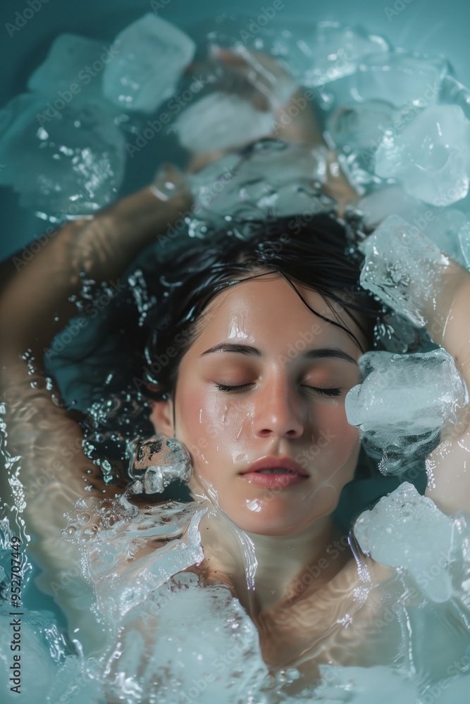 Woman undergoing cold therapy, submerged in a bathtub filled with ice and icy water. Concept of cold exposure for health benefits, resilience, and extreme wellness practices. Woman undergoing cold therapy, submerged in a bathtub filled with ice and icy water. Concept of cold exposure for health benefits, resilience, and extreme wellness practices.