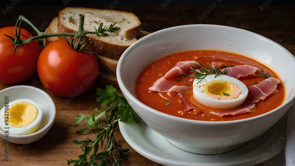A creamy Spanish soup made from tomatoes, bread, garlic, and olive oil, garnished with hard-boiled eggs and jamón A creamy Spanish soup made from tomatoes, bread, garlic, and olive oil, garnished with hard-boiled eggs and jamón