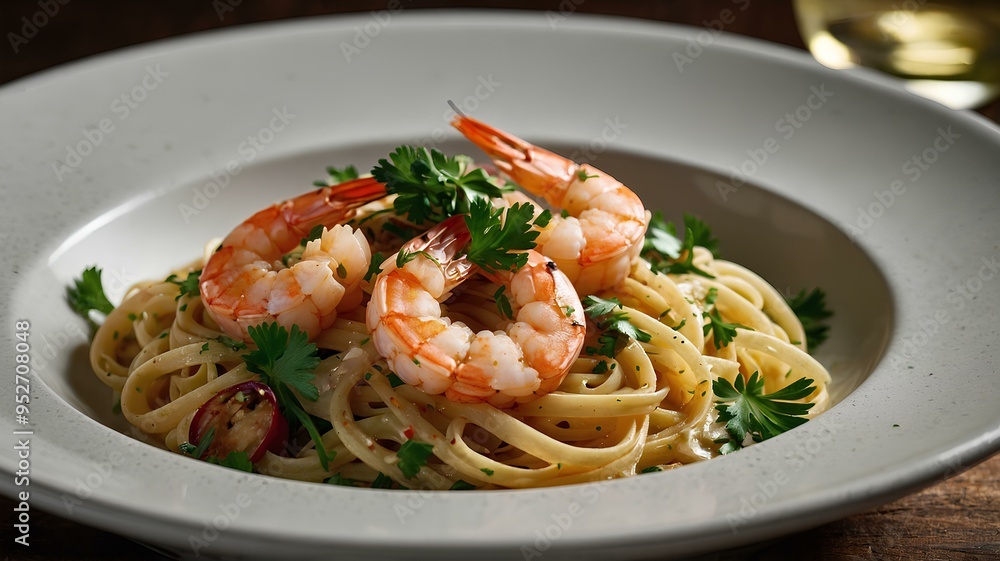 A dish of succulent shrimp sautéed in garlic butter and white wine, served over a bed of linguine with a sprinkle of parsley A dish of succulent shrimp sautéed in garlic butter and white wine, served over a bed of linguine with a sprinkle of parsley