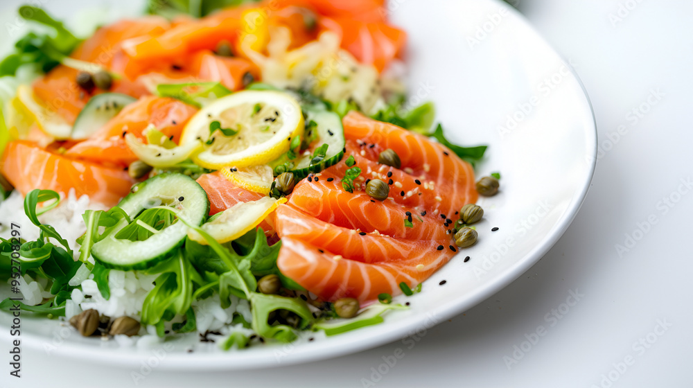 Gourmet Salmon Sashimi Salad with Fresh Lemon, Capers, and Greens on a White Plate, Perfect for Healthy Eating Gourmet Salmon Sashimi Salad with Fresh Lemon, Capers, and Greens on a White Plate, Perfect for Healthy Eating