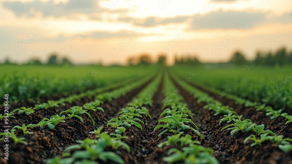 Rows of Fresh Green Crops Growing in a Field at Sunset Rows of Fresh Green Crops Growing in a Field at Sunset