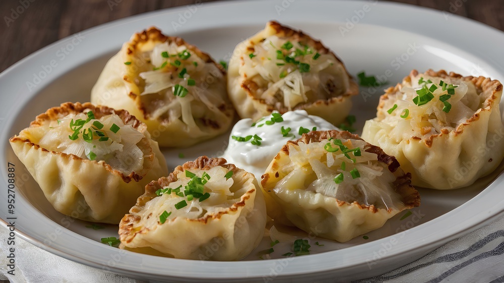 Polish dumplings filled with a mixture of potatoes, cheese, and onions, boiled and served with fried onions and sour cream Polish dumplings filled with a mixture of potatoes, cheese, and onions, boiled and served with fried onions and sour cream