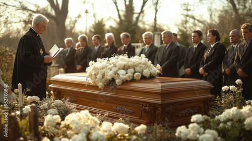 Solemn funeral service peaceful cemetery mourners in black gathered around flower-adorned wooden casket, paying their last respects.