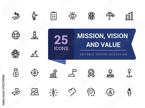 Mission, vision and value icon set. Pixel perfect, minimalistic web and UI icon. Outline icon collections. Editable vector illustration.