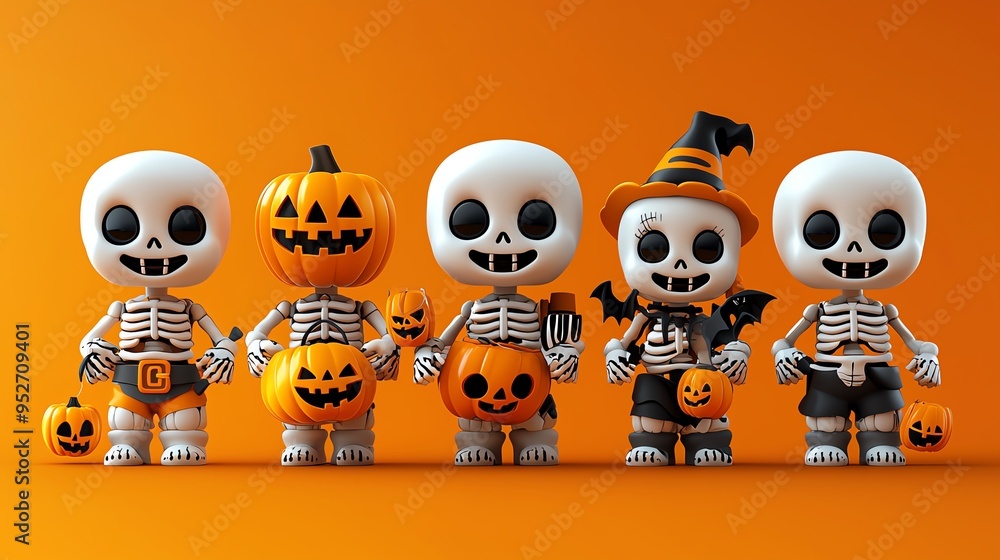 Fun Halloween skeleton figures in festive costumes, holding pumpkins and celebrating the spooky season with joy. Fun Halloween skeleton figures in festive costumes, holding pumpkins and celebrating the spooky season with joy.