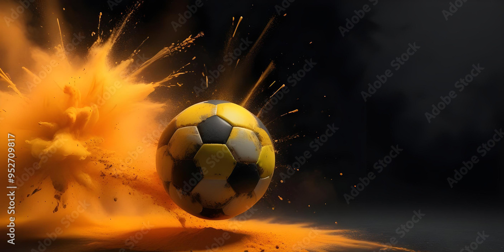 Fototapeta premium Yellow and black soccer ball colliding with a burst of yellow powder, creating a dynamic and vibrant explosion effect. 