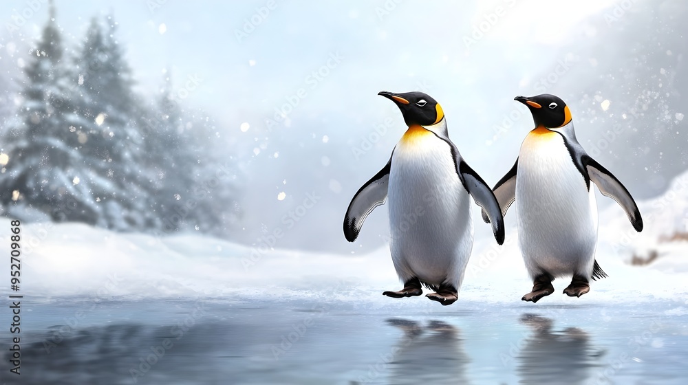 Whimsical Penguins Frolicking on Icy Lake with Snowy Landscape Whimsical Penguins Frolicking on Icy Lake with Snowy Landscape