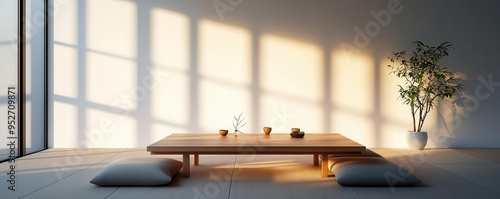 A Japaneseinspired dining area with a simple wooden table photo