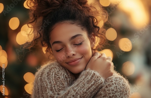 Wallpaper Mural A joyful mixed race woman embraces herself warmly before a Christmas tree during a glowing sunset Torontodigital.ca