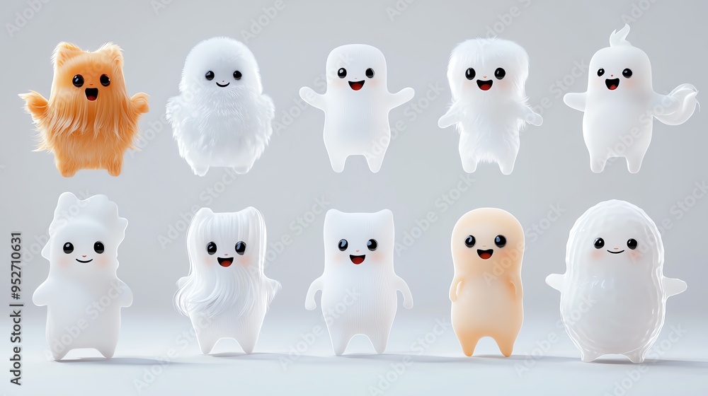 Cute collection of playful ghost characters in various colors, perfect for Halloween and whimsical designs. Cute collection of playful ghost characters in various colors, perfect for Halloween and whimsical designs.