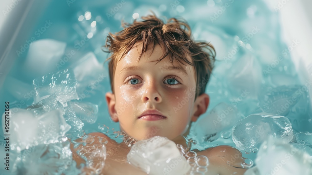 Child undergoing cold therapy, submerged in a bathtub filled with ice and icy water. Cold exposure for health benefits, resilience, and extreme wellness practices. Child undergoing cold therapy, submerged in a bathtub filled with ice and icy water. Cold exposure for health benefits, resilience, and extreme wellness practices.