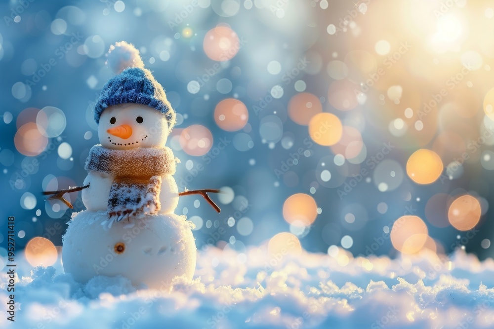 Christmas winter background with snowman in snow and blurred bokeh background.Merry Christmas and happy new year greeting card with copy space Christmas winter background with snowman in snow and blurred bokeh background.Merry Christmas and happy new year greeting card with copy space