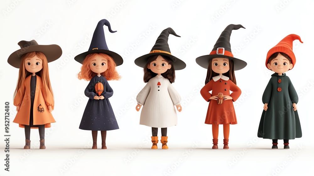 A charming collection of five whimsical witch dolls in colorful attire, perfect for Halloween or fantasy-themed projects. A charming collection of five whimsical witch dolls in colorful attire, perfect for Halloween or fantasy-themed projects.