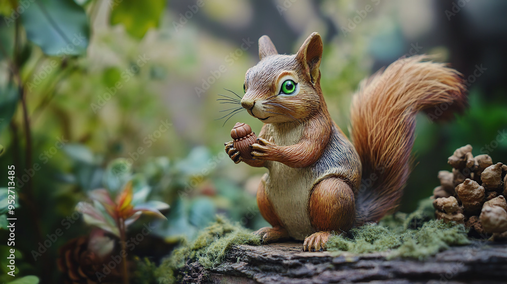 A cute, handcrafted squirrel figurine with a bushy tail, green eyes, and holding an acorn, sitting on a moss-covered log in a forest setting. A cute, handcrafted squirrel figurine with a bushy tail, green eyes, and holding an acorn, sitting on a moss-covered log in a forest setting.