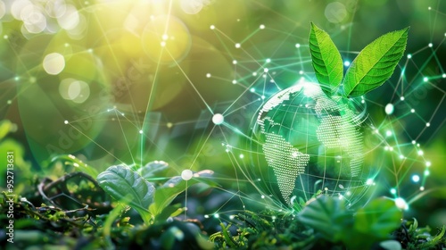 Green technology concept with globe and leaves, symbolizing sustainability, innovation, and interconnected natural networks.