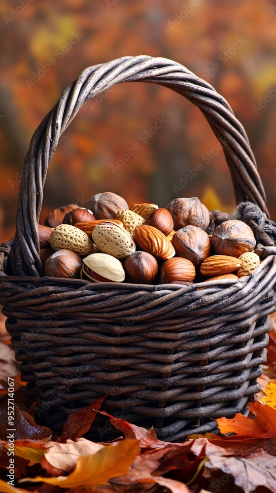 A wicker basket filled with a variety of nuts, sitting on a bed of fallen autumn leaves. A wicker basket filled with a variety of nuts, sitting on a bed of fallen autumn leaves.