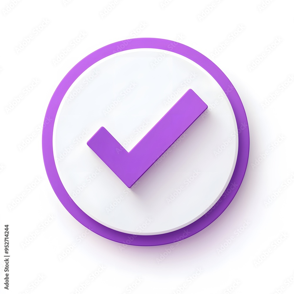 3d check icon, checklist tick, done mark. Vector realistic plastic style checkmark, symbol of selection, confirmation or approval. Purple circle with a white, white background
3d check icon, checklist tick, done mark. Vector realistic plastic style checkmark, symbol of selection, confirmation or approval. Purple circle with a white, white background