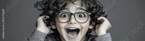 Young boy with curly hair and glasses, smiling with wide eyes