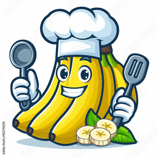 A cartoon banana chef is holding a spatula and a spoon. The bananas are arranged in a pile, with some of them being sliced. The chef is smiling and he is happy