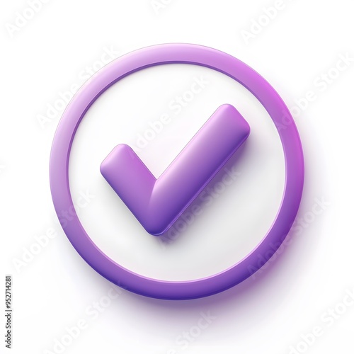  3d check icon, checklist tick, done mark. Vector realistic plastic style checkmark, symbol of selection, confirmation or approval. Purple circle with a white, white background