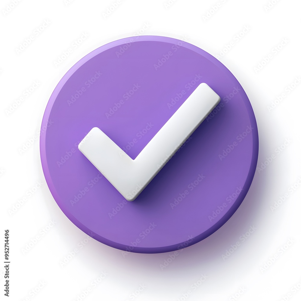 3d check icon, checklist tick, done mark. Vector realistic plastic style checkmark, symbol of selection, confirmation or approval. Purple circle with a white, white background
3d check icon, checklist tick, done mark. Vector realistic plastic style checkmark, symbol of selection, confirmation or approval. Purple circle with a white, white background