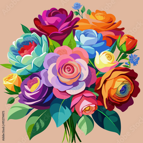 Multicolor Realistic Digital Painted Flower Bouquet Vector