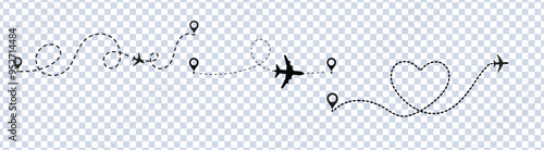 Airplane line path vector icon of air plane flight route with start point Airplane line path Transportation and travel concept
