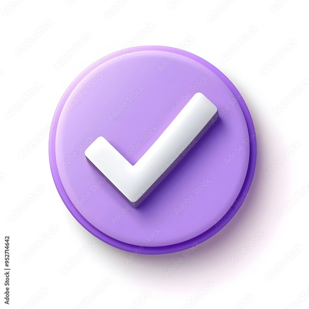 3d check icon, checklist tick, done mark. Vector realistic plastic style checkmark, symbol of selection, confirmation or approval. Purple circle with a white, white background
3d check icon, checklist tick, done mark. Vector realistic plastic style checkmark, symbol of selection, confirmation or approval. Purple circle with a white, white background