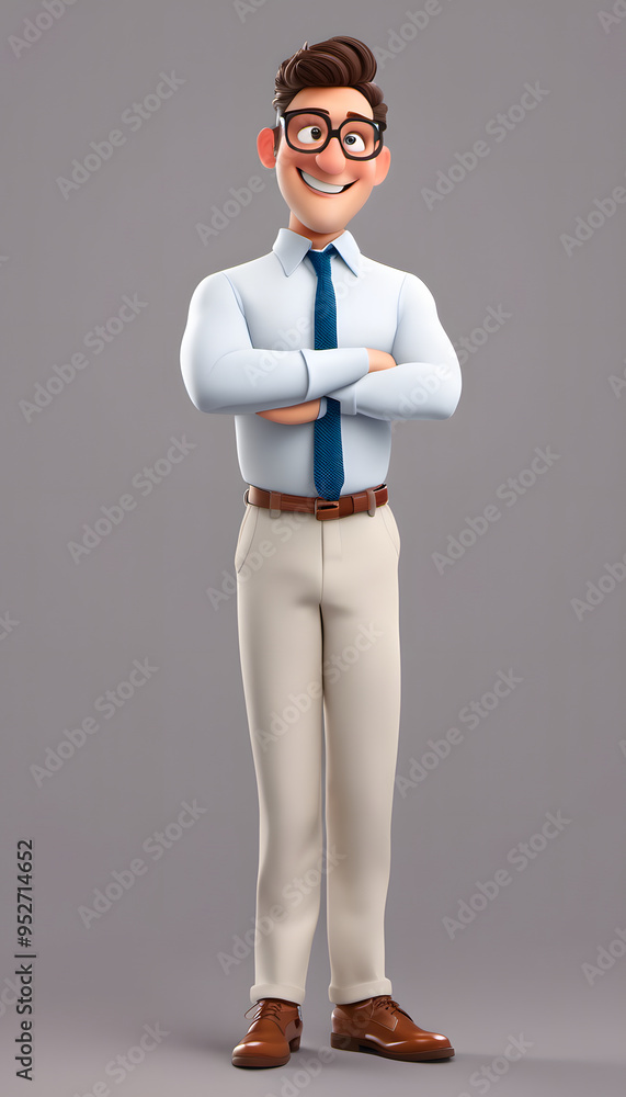 A cheerful animated character with glasses, wearing a light blue shirt and a tie, standing confidently with arms crossed. He has brown hair and is dressed in beige pants and brown shoes. A cheerful animated character with glasses, wearing a light blue shirt and a tie, standing confidently with arms crossed. He has brown hair and is dressed in beige pants and brown shoes.