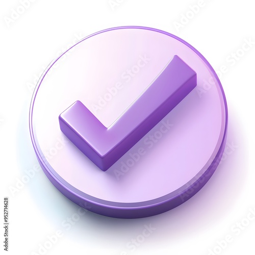  3d check icon, checklist tick, done mark. Vector realistic plastic style checkmark, symbol of selection, confirmation or approval. Purple circle with a white, white background