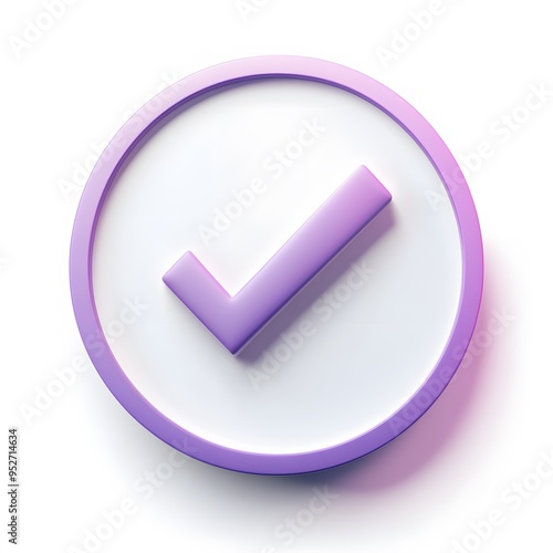  3d check icon, checklist tick, done mark. Vector realistic plastic style checkmark, symbol of selection, confirmation or approval. Purple circle with a white, white background