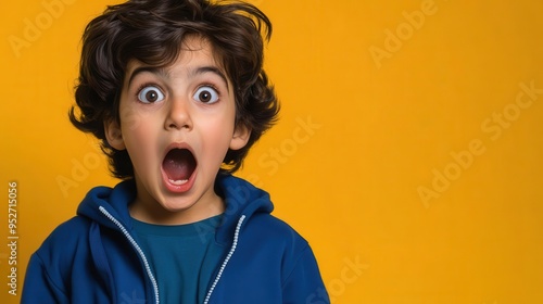 Young boy with shocked expression on a yellow background.