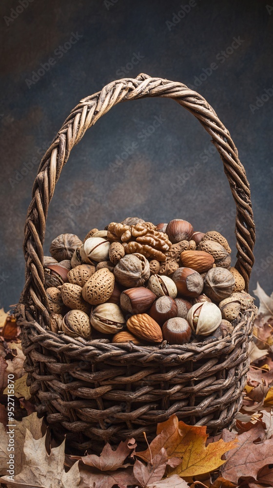 A wicker basket filled with a variety of nuts, including walnuts, almonds, hazelnuts, and pistachios, set against a backdrop of autumn leaves. A wicker basket filled with a variety of nuts, including walnuts, almonds, hazelnuts, and pistachios, set against a backdrop of autumn leaves.