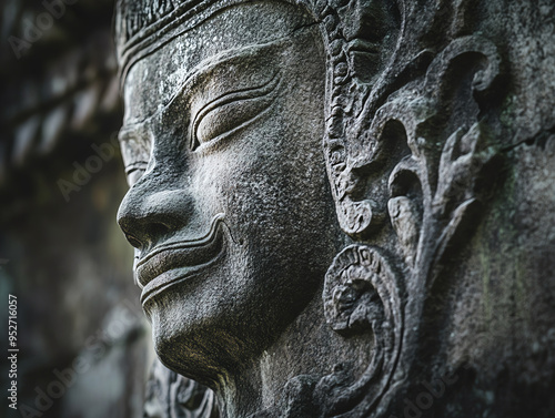 Close-up of a weathered stone sculpture of a face with intricate carvings. photo