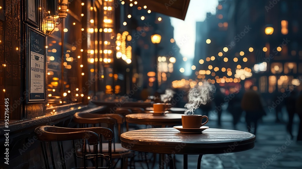 A bustling city street at dusk with a cozy cafe illuminated by soft A bustling city street at dusk with a cozy cafe illuminated by soft