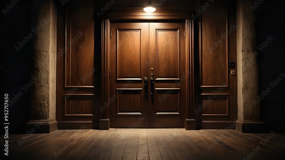 Close-up of a wooden door illuminated by a light Close-up of a wooden door illuminated by a light