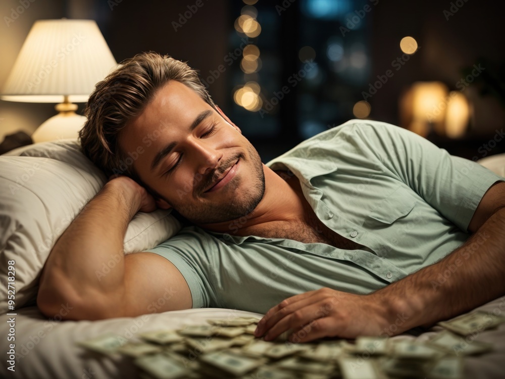 Caucasian man sleeping on a bed of money, smiling in his sleep Caucasian man sleeping on a bed of money, smiling in his sleep