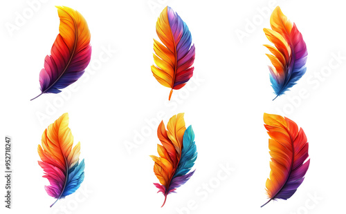 Bright and colorful gradient feathers isolated on transparent background
