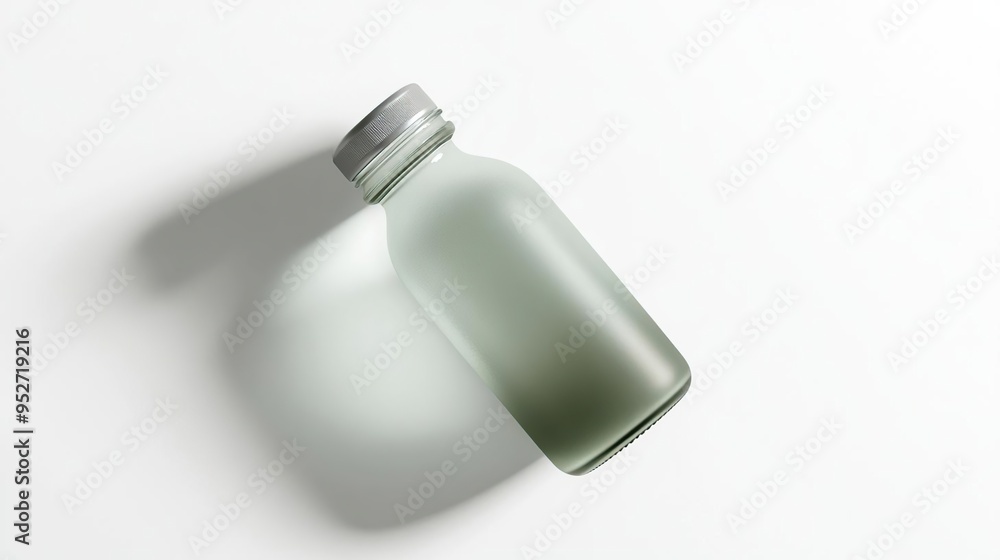 A frosted glass bottle with a silver cap, positioned on a white surface. A frosted glass bottle with a silver cap, positioned on a white surface.