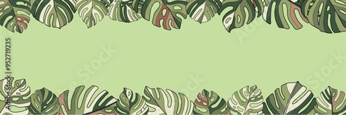 monstera leaf tropical banner social media header border frame sign hawaii holiday template graphic design art vector outline collage green brown background texture leaves title horizontal nature