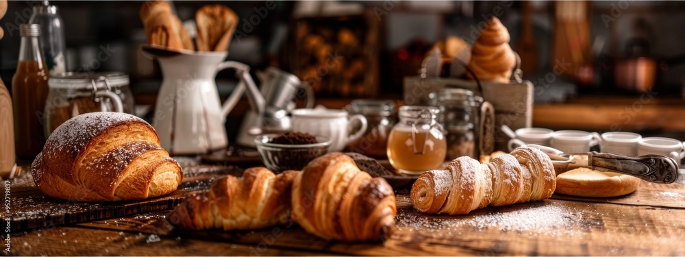 Freshly baked croissants and bread with powdered sugar on rustic table Freshly baked croissants and bread with powdered sugar on rustic table