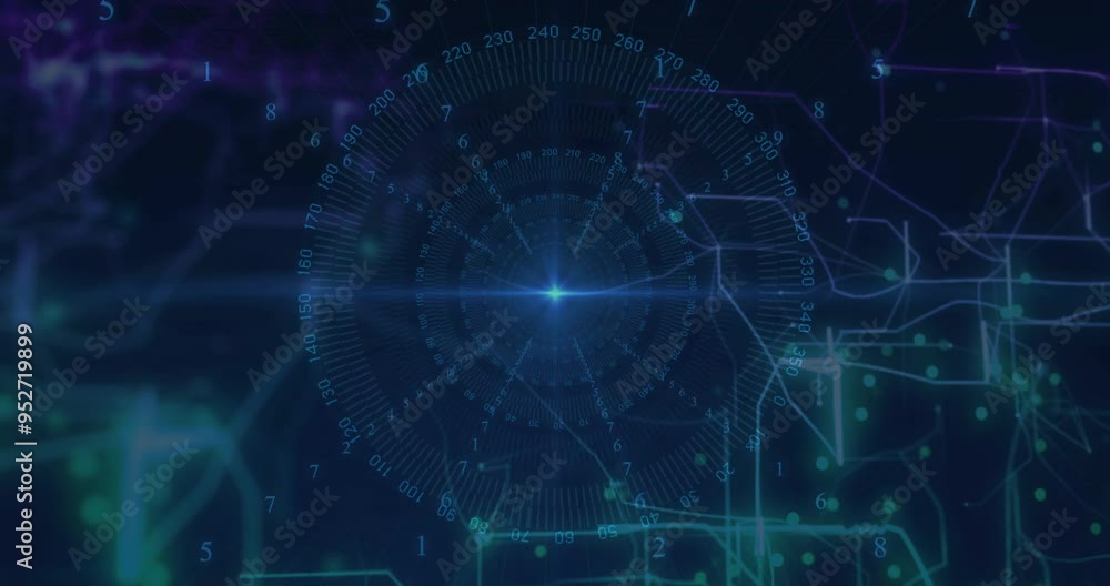 Digital data and network connections animation over circular grid with numbers Digital data and network connections animation over circular grid with numbers