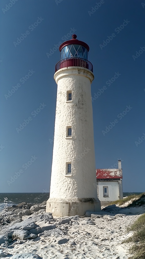 A white lighthouse stands tall against a bright blue sky, its red roof and lantern room adding a splash of color. A white lighthouse stands tall against a bright blue sky, its red roof and lantern room adding a splash of color.