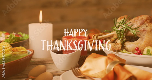 Image of happy thanksgiving over dinner food background