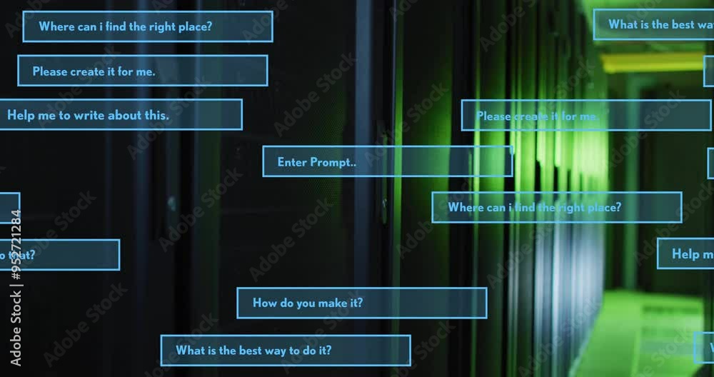 Questions and prompts animation over green-lit server room background Questions and prompts animation over green-lit server room background